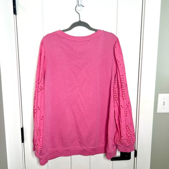 Talbots Bubblegum Pink Crew Neck Eyelet Lace Sleeve Sweatshirt Plus Size 2X - Picture 5 of 5